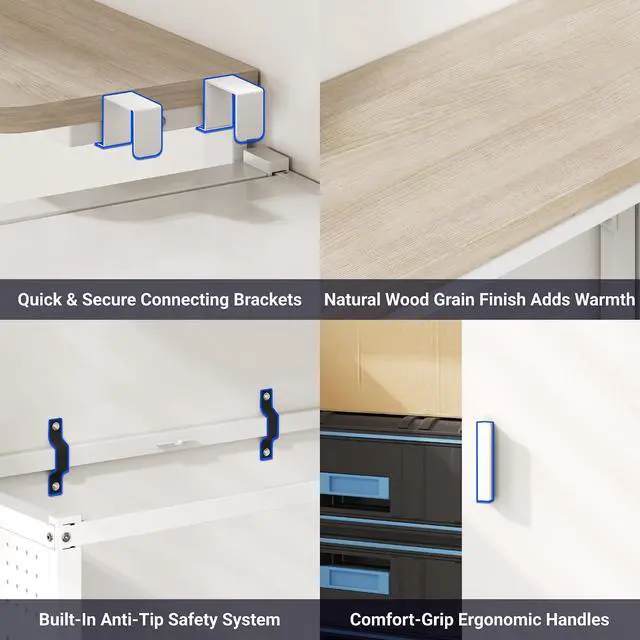 Alt view image 7 of 7 - Garage Storage Cabinet System, 3-in-1 Modular System with Integrated Workbench, Cabinets & Pegboard, 24-Gauge Steel, 117" L, 8-Door Cabinet for Garage Workshop, White, FLEXIMOD Series