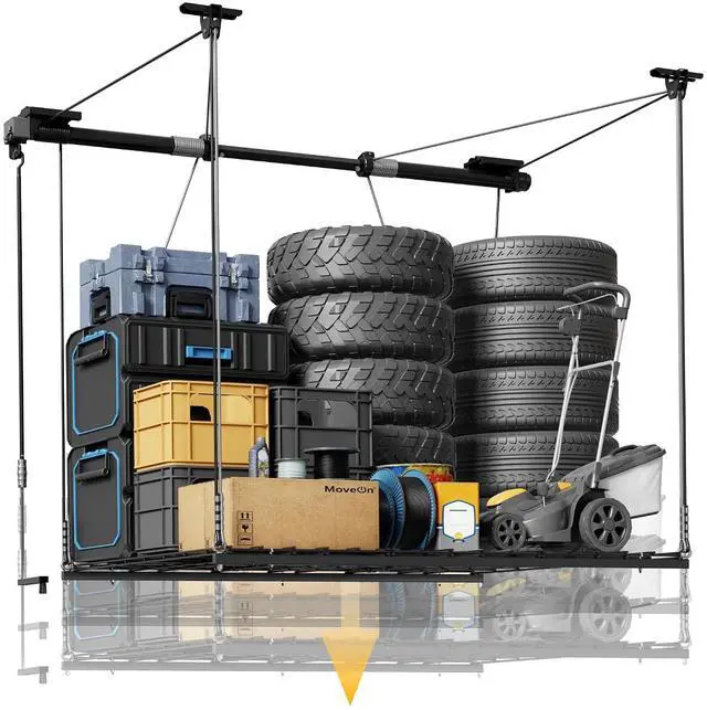 Main image of Garage Ceiling Lifting Storage Rack, 4x4 Ft Heavy-Duty Metal Frame, Overhead Storage System With 350lbs Load Capacity, Matt Black