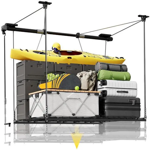 Main image of GL1 Overhead Garage Lifting Storage Rack, 4x4 Ft Heavy-Duty Metal Storage Racks, Adjustable Garage Ceiling Organization System, 350lbs Weight, Polished Black