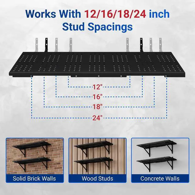 Alt view image 7 of 7 - 2-Pack 1x3ft Wall Mounted Garage Shelving, 14x38-inch | Perforated, Heavy Duty Storage Rack, 700 lbs Load Capacity, Garage Organization System