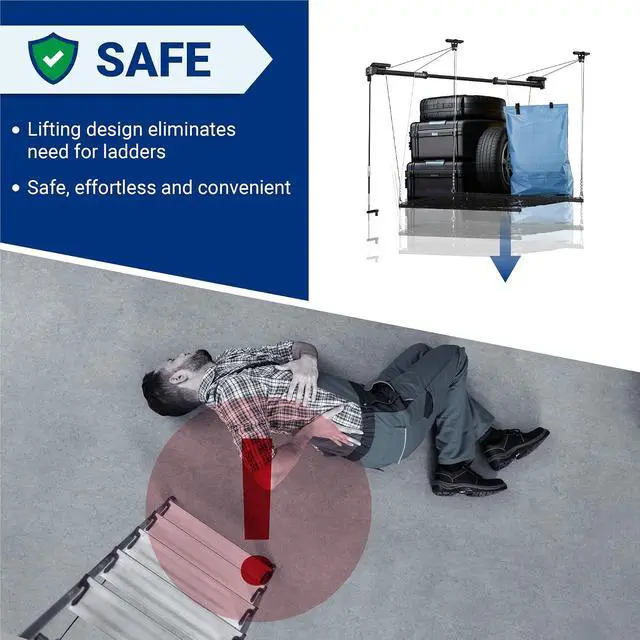 Alt view image 6 of 7 - Garage Ceiling Lifting Storage Rack, 4x4 Ft Heavy-Duty Metal Frame, Overhead Storage System With 350lbs Load Capacity, Matt Black