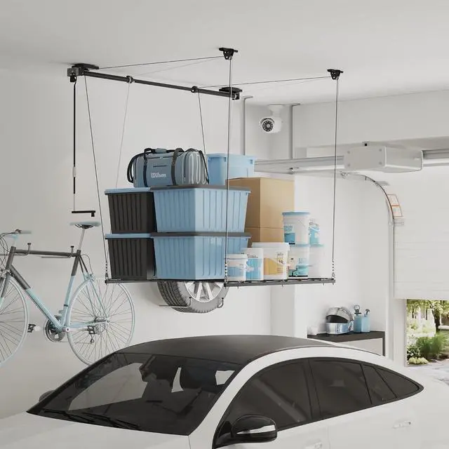 Alt view image 7 of 7 - Garage Ceiling Lifting Storage Rack, 4x4 Ft Heavy-Duty Metal Frame, Overhead Storage System With 350lbs Load Capacity, Matt Black