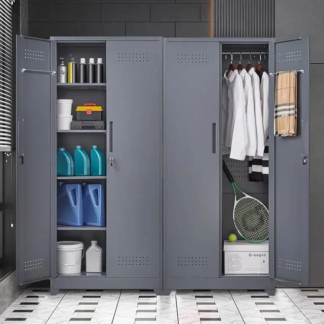 Alt view image 2 of 7 - 65'' Tall Metal Storage Cabinet with Locking Door, Large Cleaning Tool Organizer for Brooms, Garage, Laundry Room, Bathroom, Dark Grey