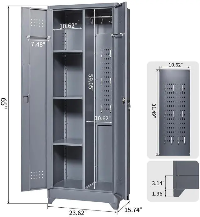 Alt view image 3 of 7 - 65'' Tall Metal Storage Cabinet with Locking Door, Large Cleaning Tool Organizer for Brooms, Garage, Laundry Room, Bathroom, Dark Grey