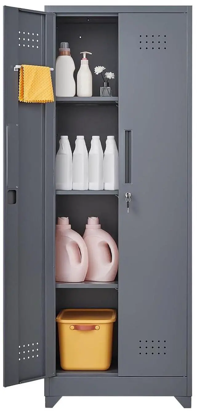 Alt view image 6 of 7 - 65'' Tall Metal Storage Cabinet with Locking Door, Large Cleaning Tool Organizer for Brooms, Garage, Laundry Room, Bathroom, Dark Grey