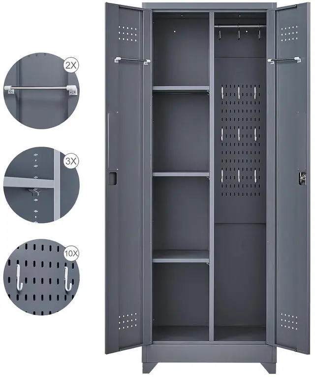 Alt view image 5 of 7 - 65'' Tall Metal Storage Cabinet with Locking Door, Large Cleaning Tool Organizer for Brooms, Garage, Laundry Room, Bathroom, Dark Grey