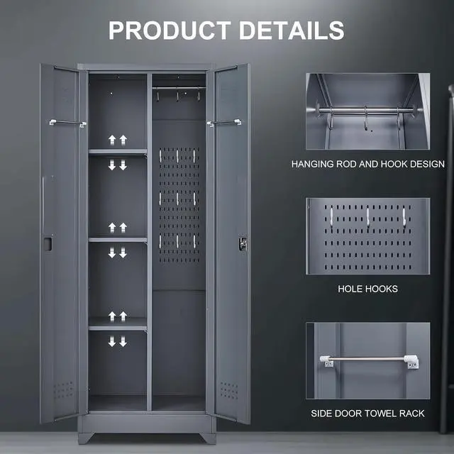 Alt view image 4 of 7 - 65'' Tall Metal Storage Cabinet with Locking Door, Large Cleaning Tool Organizer for Brooms, Garage, Laundry Room, Bathroom, Dark Grey
