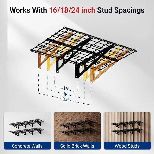 Alt view image 4 of 7 - 4 Pack Garage Shelving, 2 x 3 ft Each Heavy-Duty Garage Storage Shelves, 1400 lbs Load Capacity, 24"x72" Garage Wall Shelving for Garage, Pantry, Workshop, Black, Classic Series
