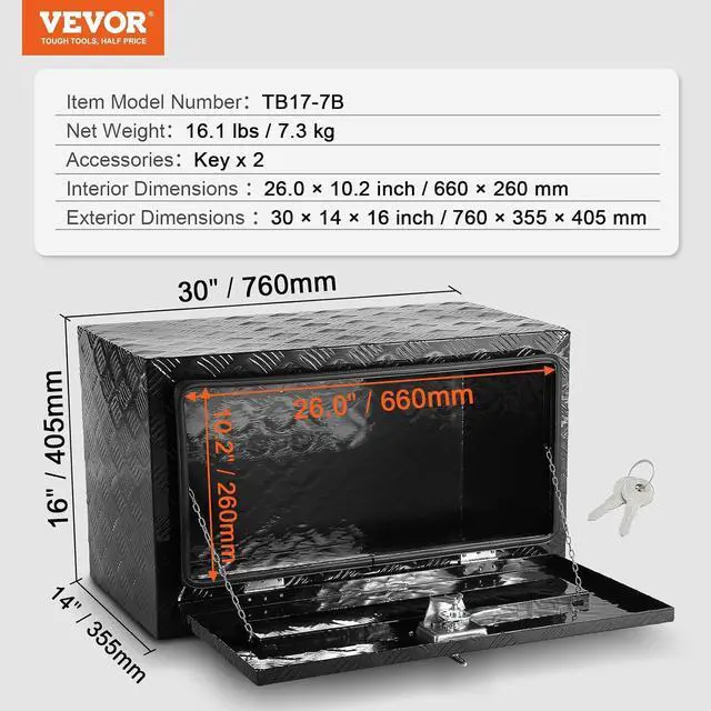 Alt view image 7 of 7 - Underbody Truck Box, 30"×14"×16" Pickup Storage Box, Heavy Duty Aluminum Diamond Plate Tool Box with Lock and Keys, Waterproof Trailer Storage Box with T-Handle Latch for Truck, Van, Trailer