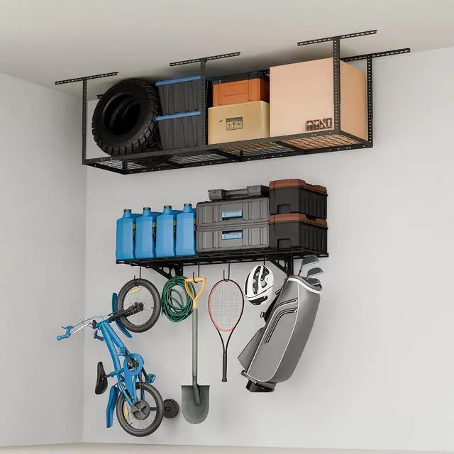 Main image of Garage Storage Bundle 1-Pack 1x4ft Wall Shelves with 6 Bike Hooks (300lbs Capacity) & 2x8 Adjustable Overhead Ceiling Rack (400lbs Capacity), Heavy-Duty Metal Garage Organization System,