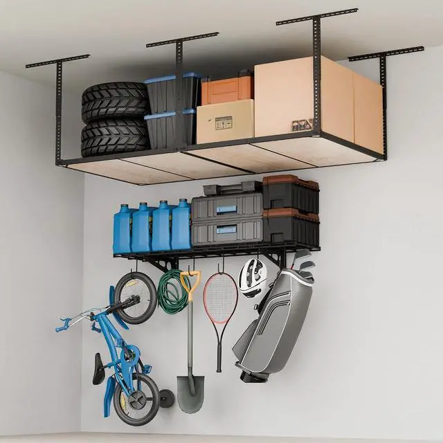 Main image of Garage Storage Bundle 1x4ft Wall Shelf with 6 Bike Hooks (150 lbs Capacity) & 4x8 Overhead Storage Rack Without Decking (600 lbs Capacity), Heavy-Duty Metal Garage Organization Sy
