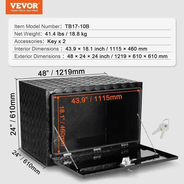 Alt view image 7 of 7 - Underbody Truck Box, 48" x 24" x 24" Pickup Storage Box, Heavy Duty Aluminum Diamond Plate Tool Box with Lock and Keys, Waterproof Trailer Storage Box with T-Handle Latch for Truck, Van, Trailer