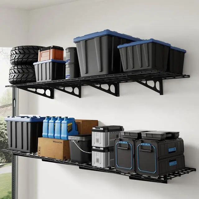 Main image of 4-Pack 2x4ft 24-inch-by-48-inch Wall Shelf Garage Storage Rack Wall Mounted Floating Shelves, Total 1200lbs Capacity, Black, Classic Series