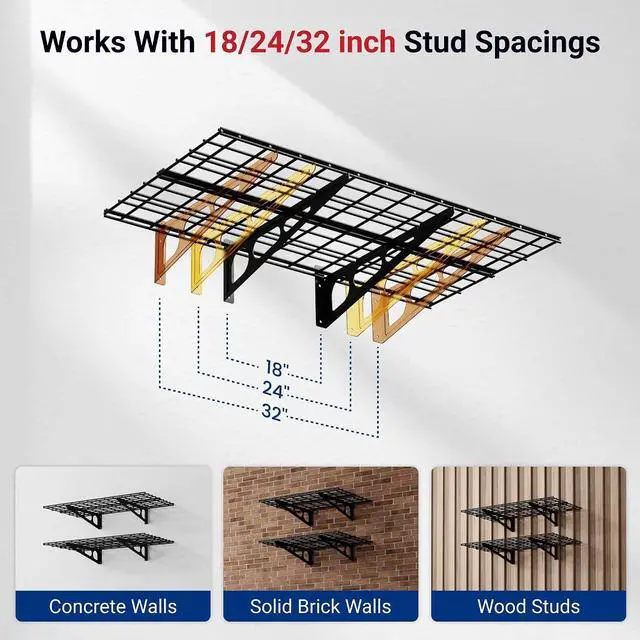 Alt view image 3 of 7 - 4-Pack 2x4ft 24-inch-by-48-inch Wall Shelf Garage Storage Rack Wall Mounted Floating Shelves, Total 1200lbs Capacity, Black, Classic Series