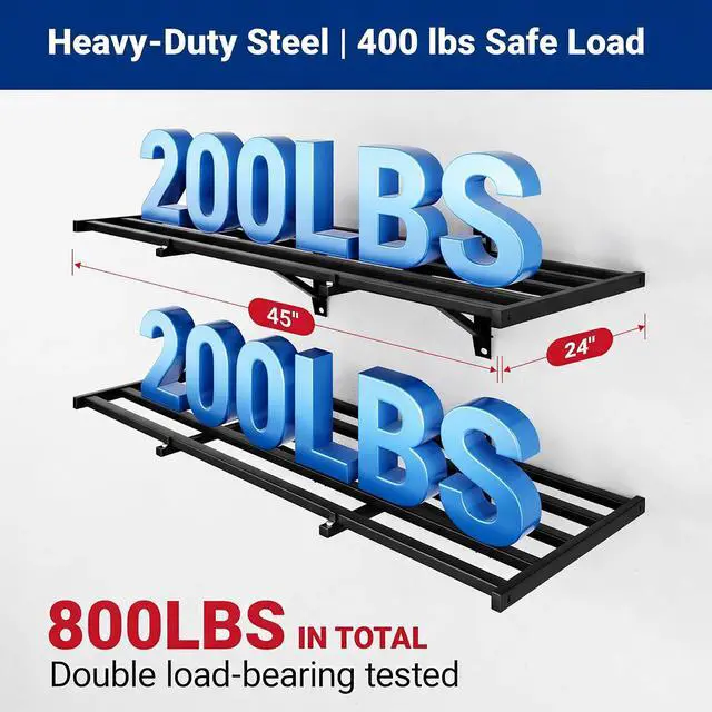 Alt view image 2 of 7 - 2x4ft Heavy Duty Garage Wall Shelving, 4-Pack Garage Shelving Wall Mounted with 8 Hooks, 400lbs Capacity, Storage for Power Tools, Garden Supplies, Storage Bins, Lite Series
