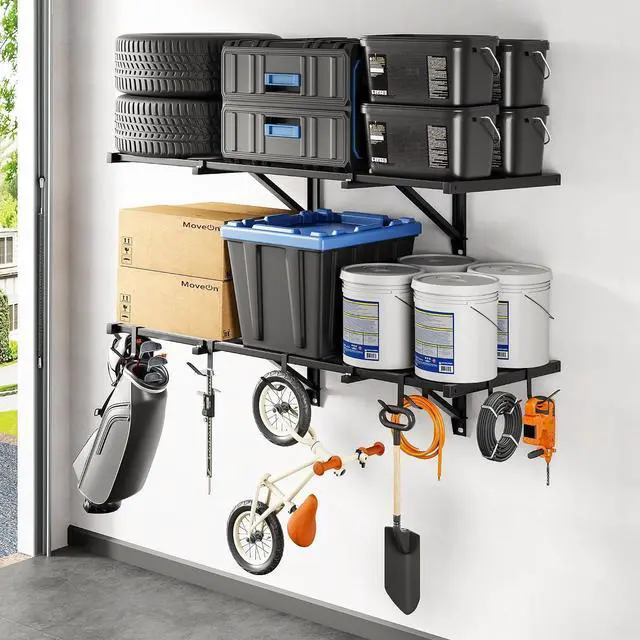 Main image of 2x4ft Garage Wall Shelving, 2-Pack Heavy Duty Garage Shelving Wall Mounted with 8 Hooks, 400lbs Capacity, Storage for Power Tools, Garden Supplies, Storage Bins, Lite Series