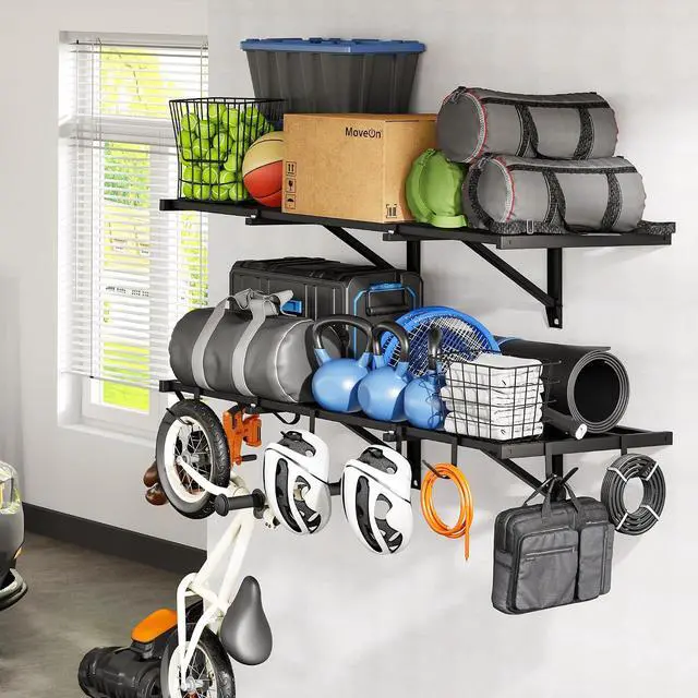 Alt view image 7 of 7 - 2x4ft Garage Wall Shelving, 2-Pack Heavy Duty Garage Shelving Wall Mounted with 8 Hooks, 400lbs Capacity, Storage for Power Tools, Garden Supplies, Storage Bins, Lite Series