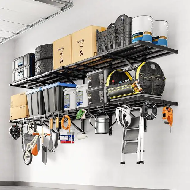 Main image of 2x4ft Heavy Duty Garage Wall Shelving, 4-Pack Garage Shelving Wall Mounted with 8 Hooks, 400lbs Capacity, Storage for Power Tools, Garden Supplies, Storage Bins, Lite Series