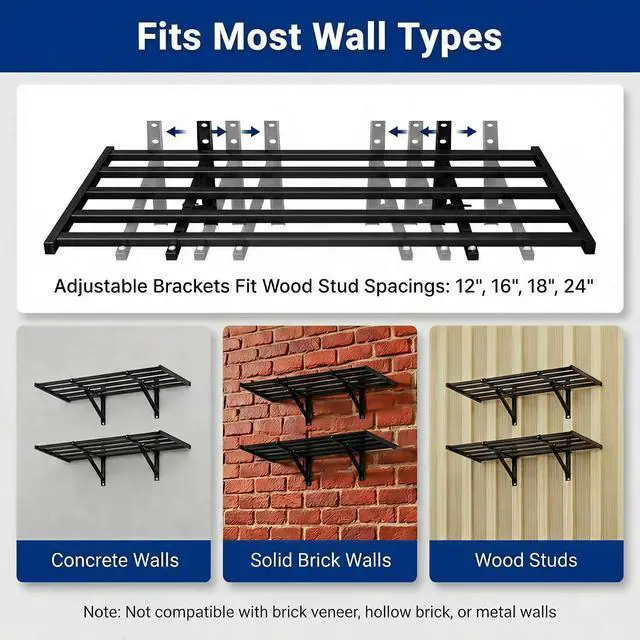 Alt view image 7 of 7 - 2x4ft Heavy Duty Garage Wall Shelving, 4-Pack Garage Shelving Wall Mounted with 8 Hooks, 400lbs Capacity, Storage for Power Tools, Garden Supplies, Storage Bins, Lite Series
