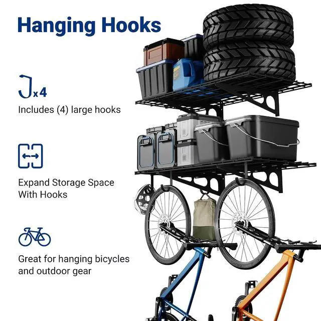 Alt view image 2 of 7 - 2-Pack 2x4ft Garage Shelving with Hooks, 24-inch-by-48-inch Wall Shelf Garage Storage Racks Floating Shelves, Black, Classic Series