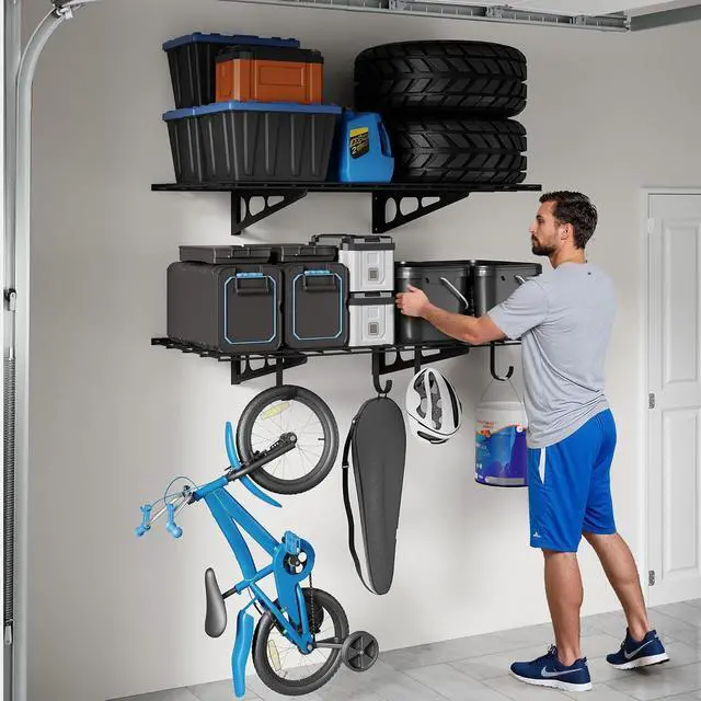 Alt view image 7 of 7 - 2-Pack 2x4ft Garage Shelving with Hooks, 24-inch-by-48-inch Wall Shelf Garage Storage Racks Floating Shelves, Black, Classic Series
