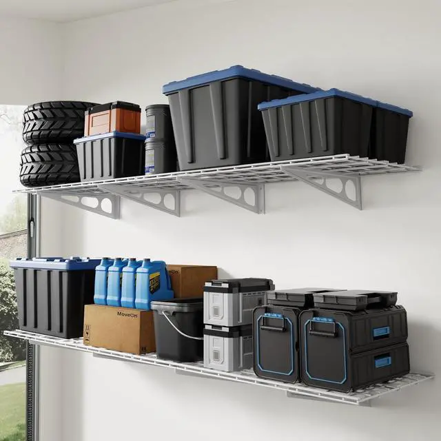 Main image of 4-Pack 2x4ft 24-inch-by-48-inch Wall Shelf Garage Storage Rack Wall Mounted Floating Shelves, Total 1200lbs Capacity, White, Classic Series