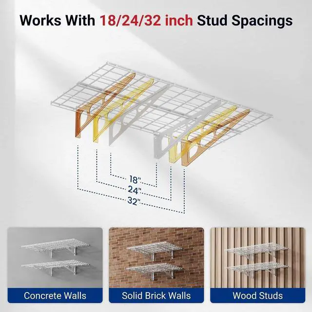 Alt view image 3 of 7 - 4-Pack 2x4ft 24-inch-by-48-inch Wall Shelf Garage Storage Rack Wall Mounted Floating Shelves, Total 1200lbs Capacity, White, Classic Series