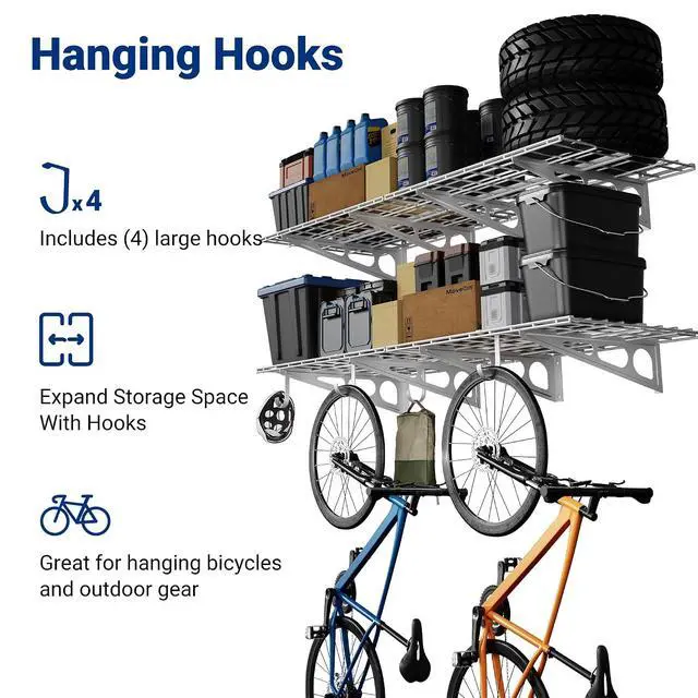 Alt view image 2 of 7 - 2-Pack 2x6ft Garage Shelving with Hooks, 24-inch-by-72-inch Wall Shelf Garage Storage Racks Floating Shelves, White, Classic Series