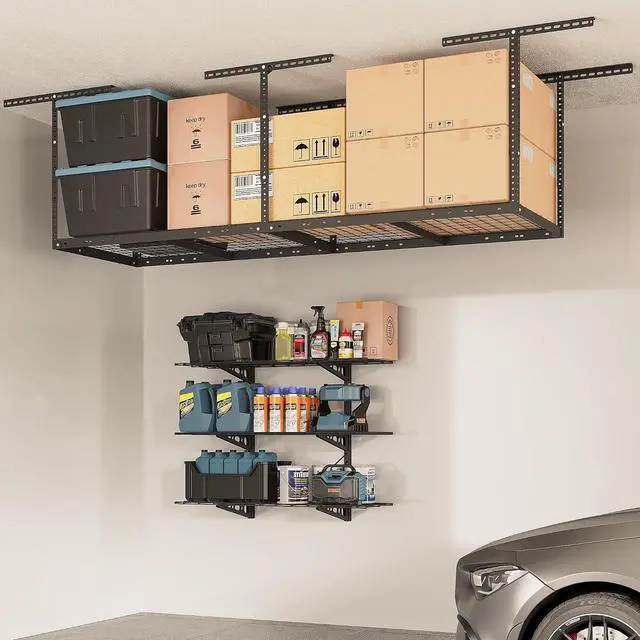 Main image of 2x8 Overhead Garage Storage Rack, plus 3-Tier 1x4ft Wall Mounted Adjustable Shelving Unit, 450lbs+450lbs Capacity, Heavy-Duty Garage Organizer, Black
