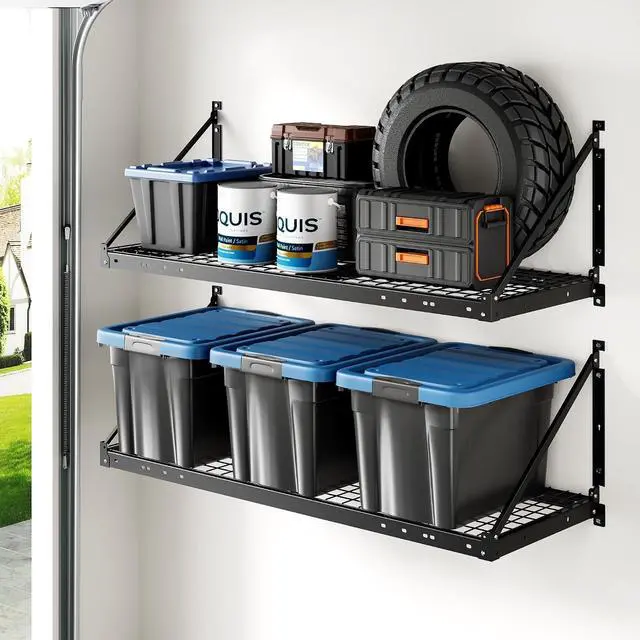 Main image of 2-Pack 2x4ft Garage Wall Shelving - Heavy Duty Garage Storage Rack, 660lbs Load Capacity with Brace Guardrail, Organization System for Tools, Bins, Utility Room, Pro Series