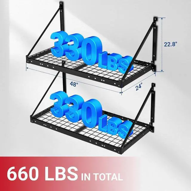 Alt view image 2 of 7 - 2-Pack 2x4ft Garage Wall Shelving - Heavy Duty Garage Storage Rack, 660lbs Load Capacity with Brace Guardrail, Organization System for Tools, Bins, Utility Room, Pro Series