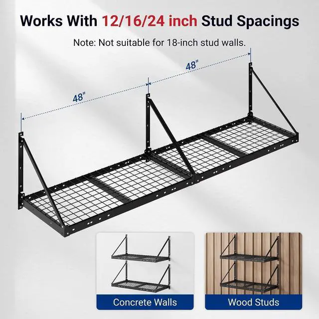 Alt view image 3 of 7 - 2-Pack 2x4ft Garage Wall Shelving - Heavy Duty Garage Storage Rack, 660lbs Load Capacity with Brace Guardrail, Organization System for Tools, Bins, Utility Room, Pro Series