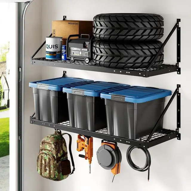 Main image of 2-Pack 2x4ft Garage Wall Shelving with 4 Hooks - Heavy Duty Garage Storage System, 660 lbs Load Capacity with Brace Guardrail, Wall Mounted Organization for Bikes, Tools, Bins, Pro Series