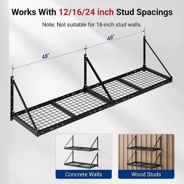 Alt view image 3 of 7 - 4-Pack 2x4ft Garage Wall Shelving - Heavy Duty Garage Storage System, 1320lbs Load Capacity with Brace Guardrail, Organization for Tools, Bins, Sports Equipment, Utility Room, Pro Series
