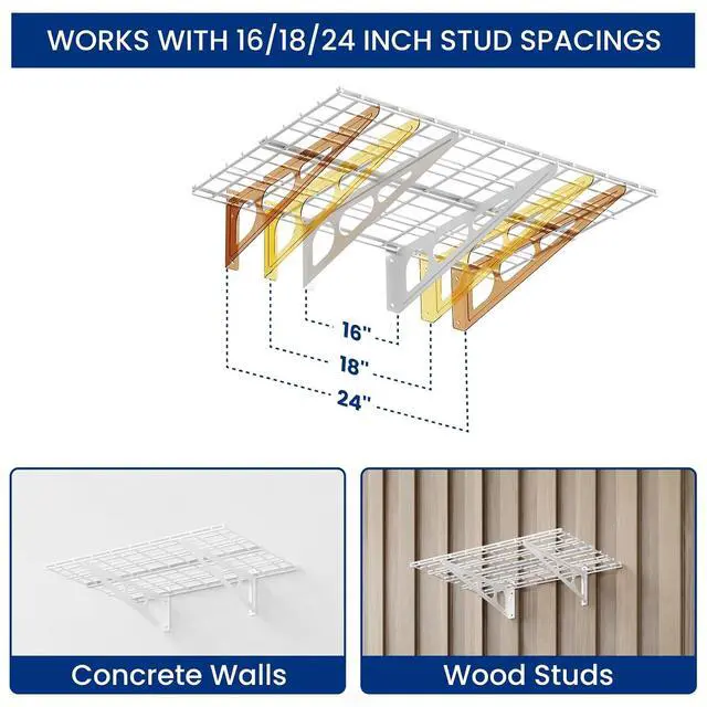 Alt view image 4 of 7 - 2-Pack 2x6ft Garage Shelving with Hooks, 24-inch-by-72-inch Wall Shelf Garage Storage Racks Floating Shelves, White, Classic Series