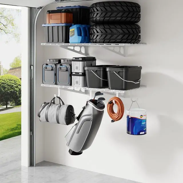 Main image of 2-Pack 2x4ft Garage Shelving with Hooks, 24-inch-by-48-inch Wall Shelf Garage Storage Racks Floating Shelves, White, Classic Series