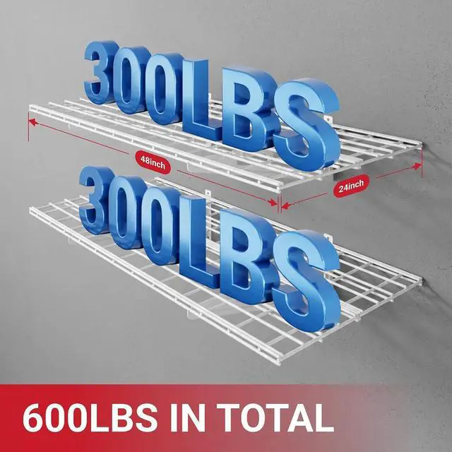 Alt view image 2 of 7 - 2-Pack 2x4ft Garage Shelving with Hooks, 24-inch-by-48-inch Wall Shelf Garage Storage Racks Floating Shelves, White, Classic Series