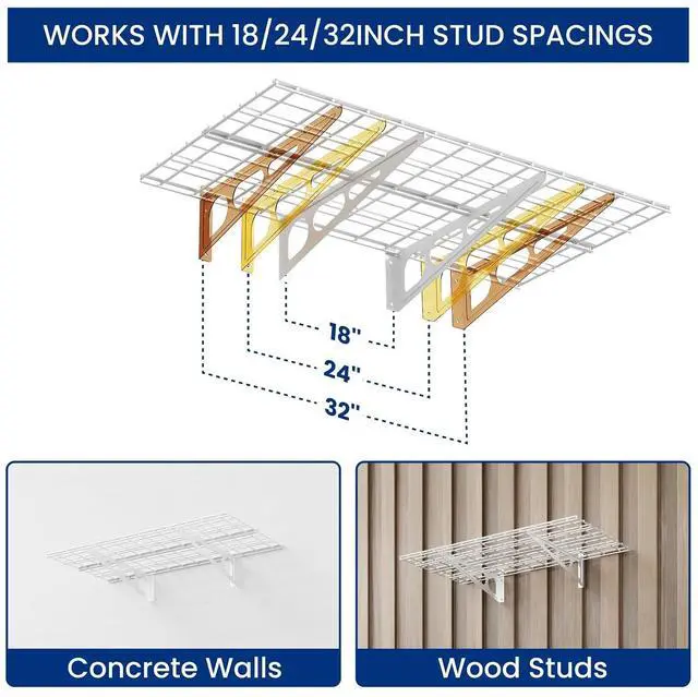 Alt view image 4 of 7 - 2-Pack 2x4ft Garage Shelving with Hooks, 24-inch-by-48-inch Wall Shelf Garage Storage Racks Floating Shelves, White, Classic Series