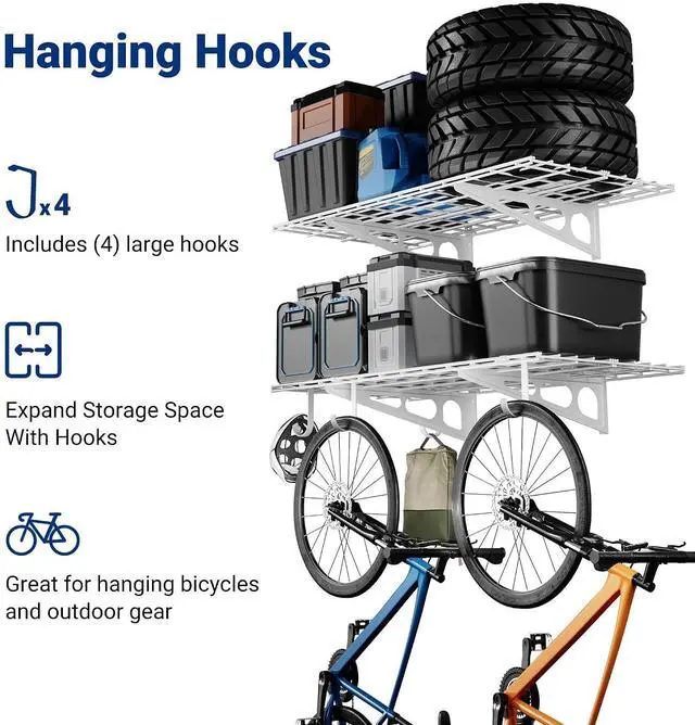 Alt view image 3 of 7 - 2-Pack 2x4ft Garage Shelving with Hooks, 24-inch-by-48-inch Wall Shelf Garage Storage Racks Floating Shelves, White, Classic Series
