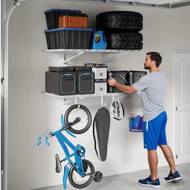 Alt view image 7 of 7 - 2-Pack 2x4ft Garage Shelving with Hooks, 24-inch-by-48-inch Wall Shelf Garage Storage Racks Floating Shelves, White, Classic Series