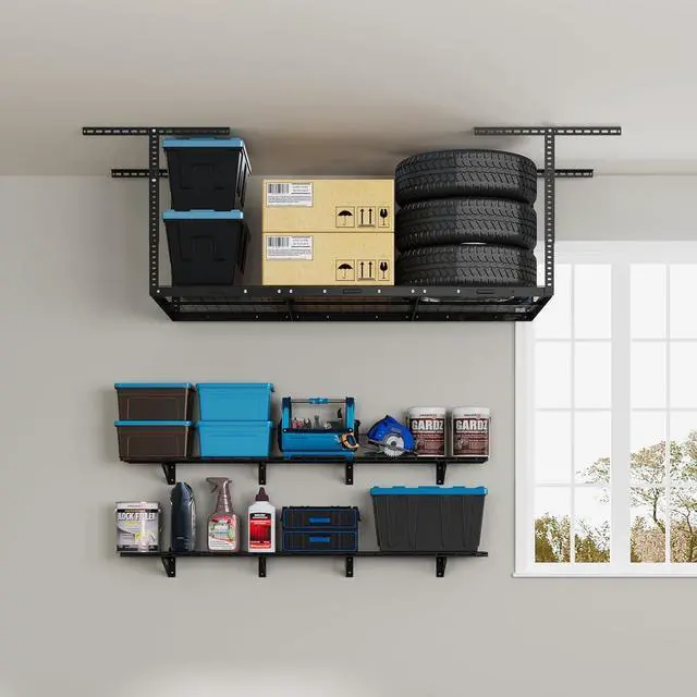 Main image of 3x6 Overhead Garage Storage Adjustable Ceiling Storage Rack with 2-Pack 1x6ft 12-inch-by-72-inch Wall Shelf, 450lbs+600lbs Capacity,Black