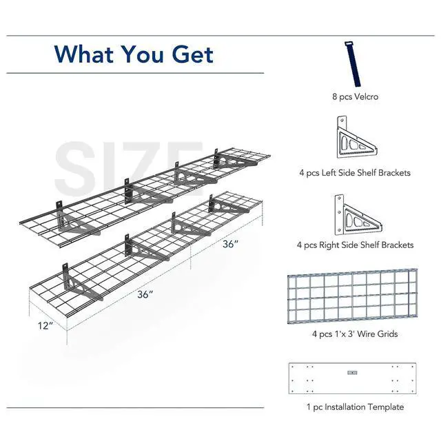 Alt view image 7 of 7 - 3x6 Overhead Garage Storage Adjustable Ceiling Storage Rack with 2-Pack 1x6ft 12-inch-by-72-inch Wall Shelf, 450lbs+600lbs Capacity,Black