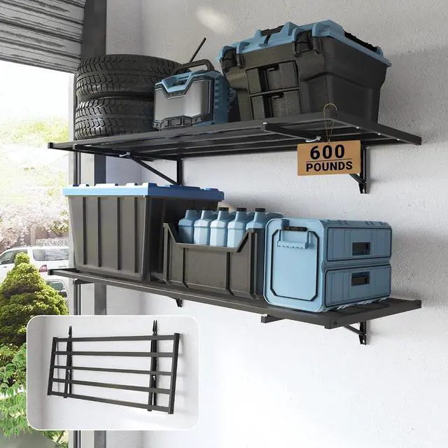 Main image of Fold-Down 2x4ft Garage Wall Shelving, 2-Pack Heavy Duty Folding Garage Shelving Wall Mounted, 600 lbs Capacity, Storage for Power Tools, Garden Supplies & Seasonal Storage, Lite Series