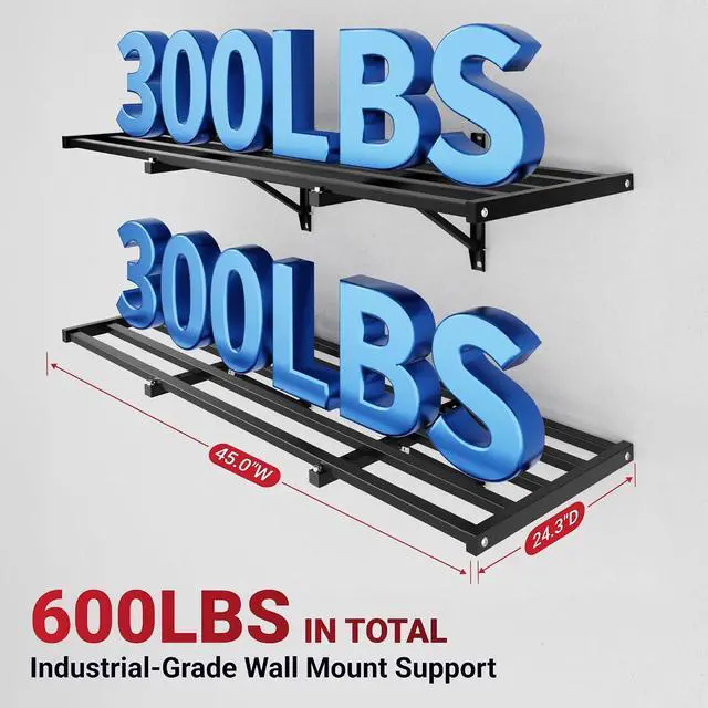 Alt view image 2 of 7 - Fold-Down 2x4ft Garage Wall Shelving, 2-Pack Heavy Duty Folding Garage Shelving Wall Mounted, 600 lbs Capacity, Storage for Power Tools, Garden Supplies & Seasonal Storage, Lite Series