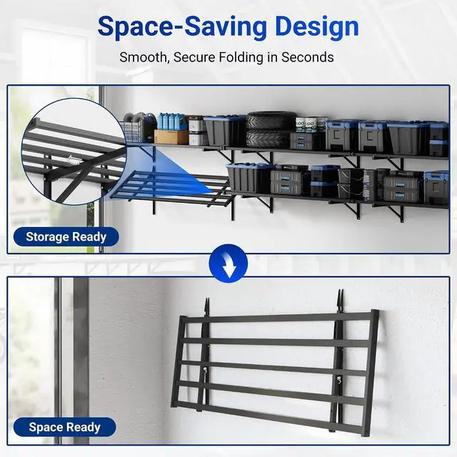 Alt view image 3 of 7 - Fold-Down 2x4ft Garage Wall Shelving, 2-Pack Heavy Duty Folding Garage Shelving Wall Mounted, 600 lbs Capacity, Storage for Power Tools, Garden Supplies & Seasonal Storage, Lite Series