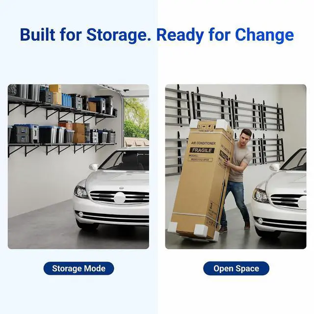 Alt view image 4 of 7 - Fold-Down 2x4ft Garage Wall Shelving, 2-Pack Heavy Duty Folding Garage Shelving Wall Mounted, 600 lbs Capacity, Storage for Power Tools, Garden Supplies & Seasonal Storage, Lite Series