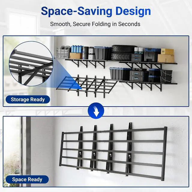 Alt view image 3 of 7 - Fold-Down 2x6ft Garage Wall Shelving, 2-Pack Heavy Duty Folding Garage Shelving Wall Mounted, 1800 lbs Capacity, Storage for Power Tools, Garden Supplies & Seasonal Storage, Lite Series