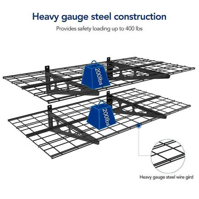 Alt view image 3 of 7 - Garage Storage Bundle 2-Pack 2x4ft Wall Mounted Floating Shelves (24"x48") & 4x8 Overhead Garage Storage Rack Without Decking, Heavy-Duty Metal Ceiling Storage System, 600lbs Capacity