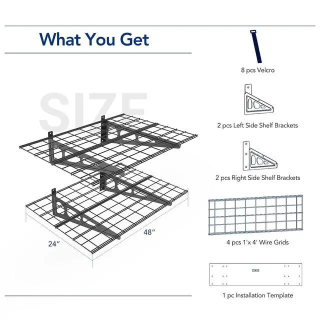 Alt view image 4 of 7 - Garage Storage Bundle 2-Pack 2x4ft Wall Mounted Floating Shelves (24"x48") & 4x8 Overhead Garage Storage Rack Without Decking, Heavy-Duty Metal Ceiling Storage System, 600lbs Capacity
