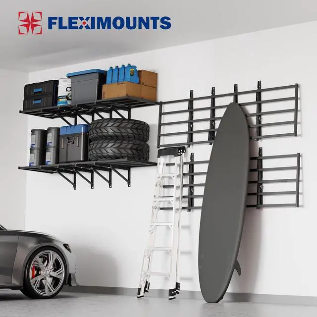 Alt view image 7 of 7 - Fold-Down 2x6ft Garage Wall Shelving, 2-Pack Heavy Duty Folding Garage Shelving Wall Mounted, 1800 lbs Capacity, Storage for Power Tools, Garden Supplies & Seasonal Storage, Lite Series